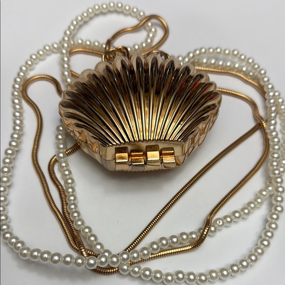 Gold Shell Clutch with Pearl and Gold Chains